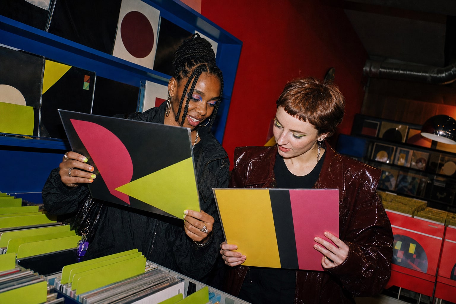 A Black European woman and a white nonbinary friend compare records in a colourful Berlin record shop